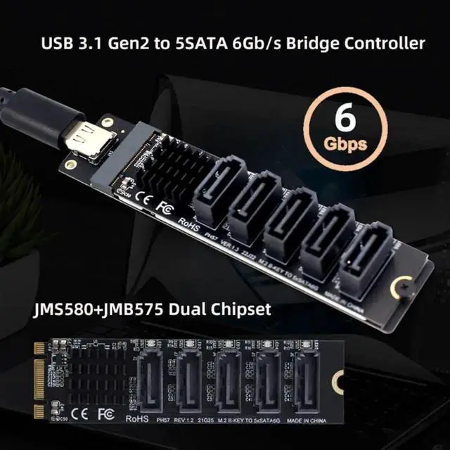 Alt view image 3 of 7 - WRIARICH 10Gbps USB-C to NGFF B+M Key SATA 5-Port Adapter Card, Dual Chip JMS580+JMB575 SATA III 6Gbps Port Multiplier Selector, External Multi-HDD/SSD Storage Expansion Converter