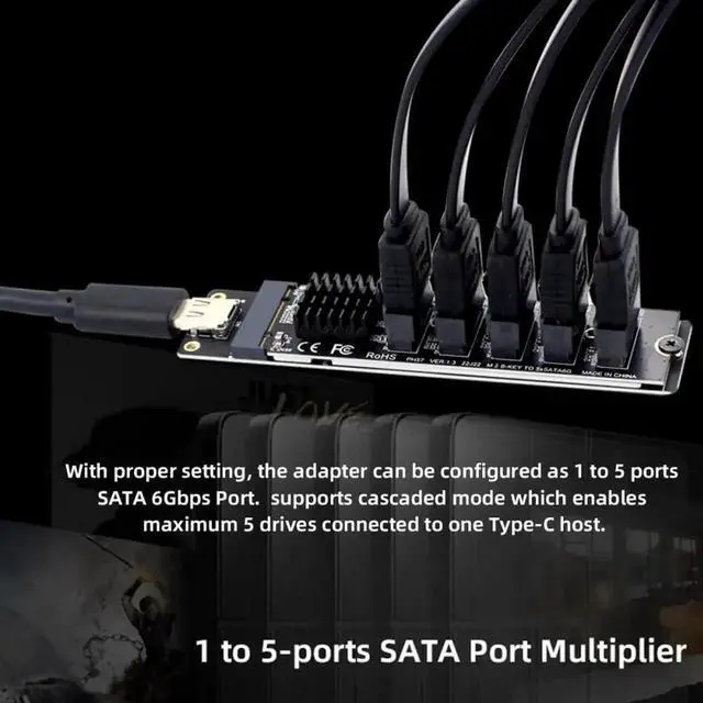 Alt view image 5 of 7 - WRIARICH 10Gbps USB-C to NGFF B+M Key SATA 5-Port Adapter Card, Dual Chip JMS580+JMB575 SATA III 6Gbps Port Multiplier Selector, External Multi-HDD/SSD Storage Expansion Converter