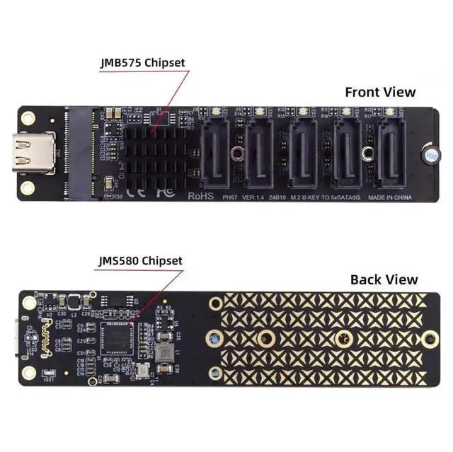 Alt view image 6 of 7 - WRIARICH 10Gbps USB-C to NGFF B+M Key SATA 5-Port Adapter Card, Dual Chip JMS580+JMB575 SATA III 6Gbps Port Multiplier Selector, External Multi-HDD/SSD Storage Expansion Converter