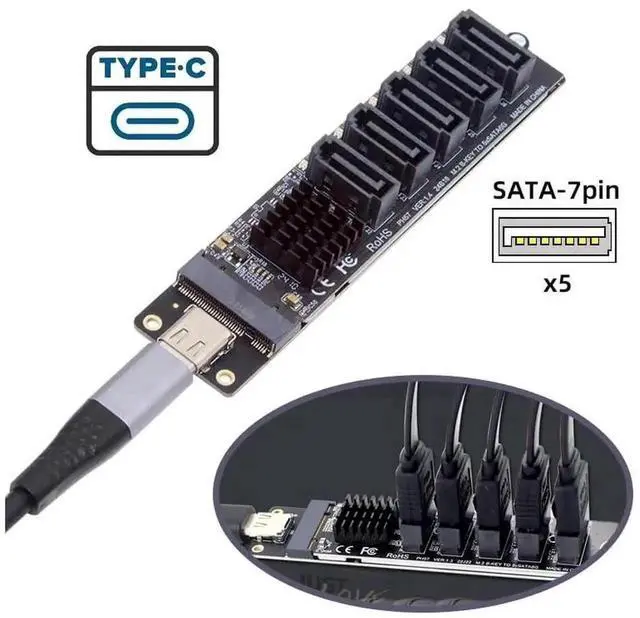 Alt view image 7 of 7 - WRIARICH 10Gbps USB-C to NGFF B+M Key SATA 5-Port Adapter Card, Dual Chip JMS580+JMB575 SATA III 6Gbps Port Multiplier Selector, External Multi-HDD/SSD Storage Expansion Converter