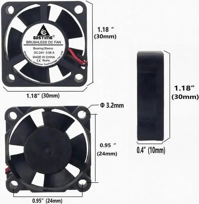 Alt view image 5 of 6 - WRIARICH 1 Pack Gdstime 3010 Mini DC Brushless Cooling Fan, 30×30×10mm 3CM 24V 2Pin Small Heatsink Fan