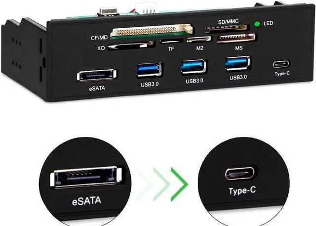 Main image of WRIARICH 5.25 Inch Internal Multi-Function Front Panel Media Card Reader, Built-in USB 3.0, USB-C, eSATA Port, Supports CF/SD/MS/XD/M2/MS Pro Duo Memory Cards for Desktop PC Optical Drive Bay