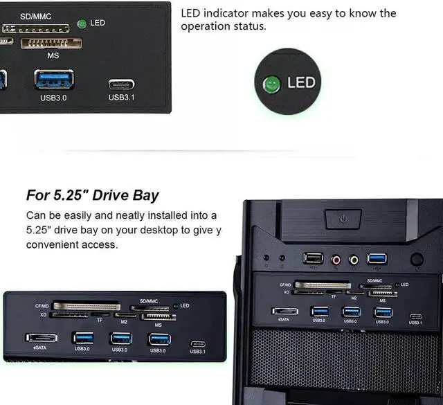 Alt view image 3 of 5 - WRIARICH 5.25 Inch Internal Multi-Function Front Panel Media Card Reader, Built-in USB 3.0, USB-C, eSATA Port, Supports CF/SD/MS/XD/M2/MS Pro Duo Memory Cards for Desktop PC Optical Drive Bay