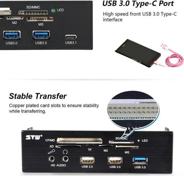 Alt view image 5 of 5 - WRIARICH 5.25 Inch Internal Multi-Function Front Panel Media Card Reader, Built-in USB 3.0, USB-C, eSATA Port, Supports CF/SD/MS/XD/M2/MS Pro Duo Memory Cards for Desktop PC Optical Drive Bay