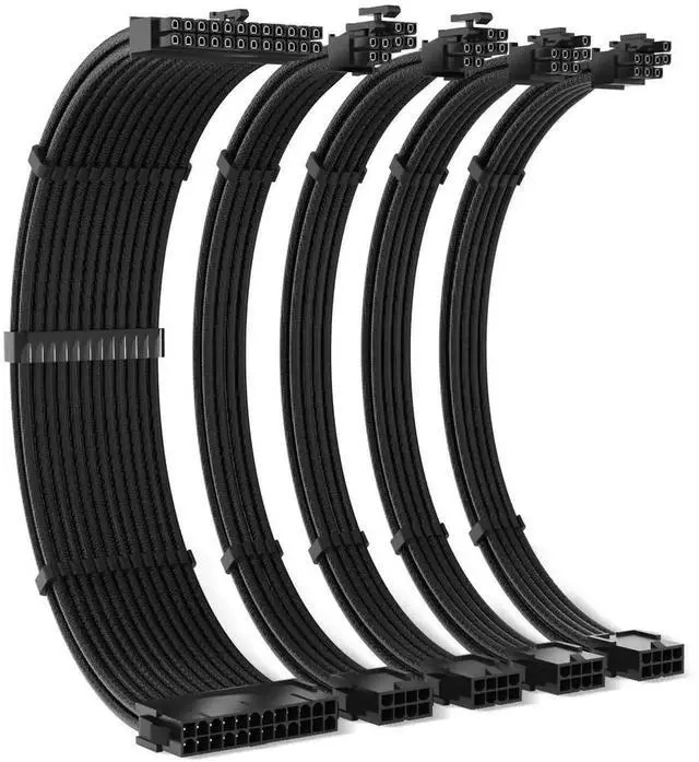 Main image of WRIARICH Black Sleeved PSU Extension Cable Kit, 18AWG, 35cm, ATX 24Pin + 4+4Pin EPS + 6+2Pin PCI-E with Cable Combs