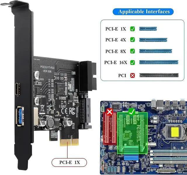 Alt view image 3 of 7 - WRIARICH PCIe x1 USB3.2 Gen1 Expansion Card 5Gbps, External USB-A+USB-C + Internal 20Pin Header with 15Pin Power Supply