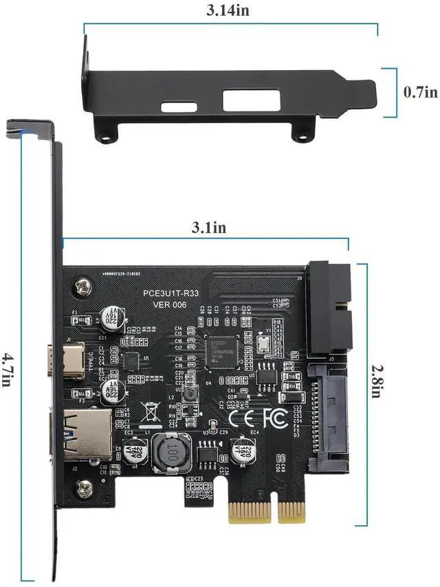 Alt view image 5 of 7 - WRIARICH PCIe x1 USB3.2 Gen1 Expansion Card 5Gbps, External USB-A+USB-C + Internal 20Pin Header with 15Pin Power Supply