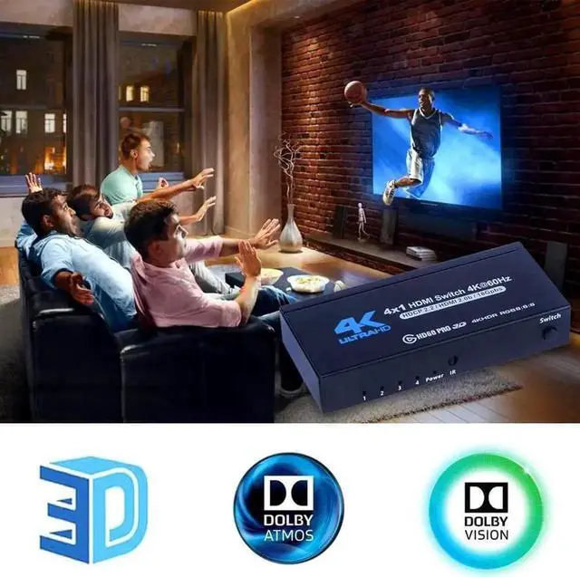 Alt view image 3 of 7 - 4 Port HDMI 2.0 Switch 4K@60Hz HDR10 with IR Remote, 4 in 1 Out HDMI Switcher Selector, Support HDCP 2.2, 3D, Dolby DTS, 1080P, Compatible with PS4, Xbox, Apple TV, Fire Stick, HDTV Monitor Projector