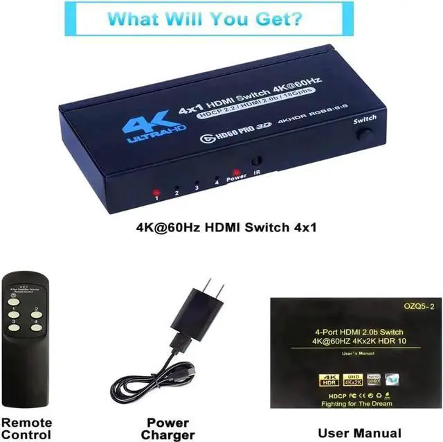 Alt view image 5 of 7 - 4 Port HDMI 2.0 Switch 4K@60Hz HDR10 with IR Remote, 4 in 1 Out HDMI Switcher Selector, Support HDCP 2.2, 3D, Dolby DTS, 1080P, Compatible with PS4, Xbox, Apple TV, Fire Stick, HDTV Monitor Projector