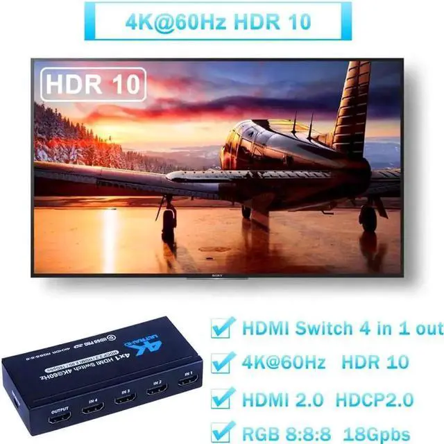 Alt view image 6 of 7 - 4 Port HDMI 2.0 Switch 4K@60Hz HDR10 with IR Remote, 4 in 1 Out HDMI Switcher Selector, Support HDCP 2.2, 3D, Dolby DTS, 1080P, Compatible with PS4, Xbox, Apple TV, Fire Stick, HDTV Monitor Projector