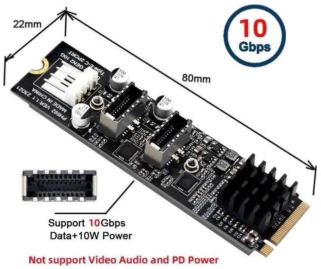 Alt view image 6 of 7 - WRIARICH M.2 M-Key to Dual Type-E USB3.1 Front Panel Header Adapter Card, 10Gbps NVMe NGFF Expansion for Motherboard