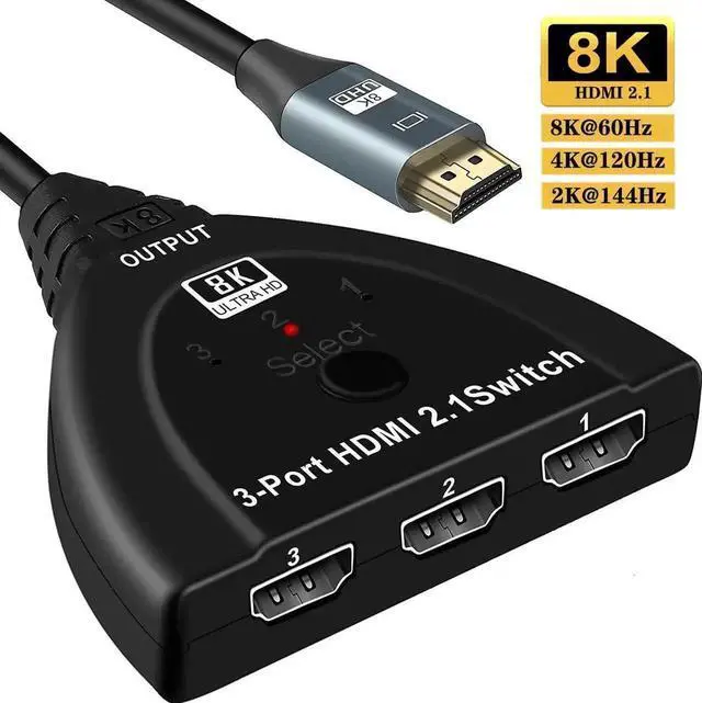 Main image of 3 in 1 Out HDMI 2.1 8K Switch with Built-In Pigtail Cable, 3-Port HDMI Selector Hub Supports 8K@60Hz, HDR, 3D, HDCP2.3, Compatible with PS5/PS4/PS3, HDTV, Blu-Ray Player, Fire Stick, Model OZ8Q3-1