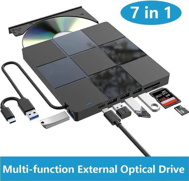 Main image of WRIARICH 7 in 1 External CD DVD Drive, USB 3.0 Type-C CD DVD +/- RW Burner Plug and Play Optical Drive for Laptop PC Windows 11/10 Mac OS