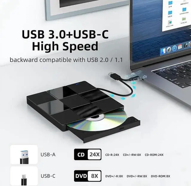 Alt view image 5 of 7 - WRIARICH 7 in 1 External CD DVD Drive, USB 3.0 Type-C CD DVD +/- RW Burner Plug and Play Optical Drive for Laptop PC Windows 11/10 Mac OS