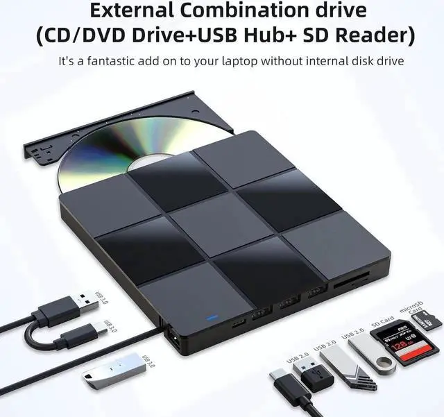 Alt view image 4 of 7 - WRIARICH 7 in 1 External CD DVD Drive, USB 3.0 Type-C CD DVD +/- RW Burner Plug and Play Optical Drive for Laptop PC Windows 11/10 Mac OS