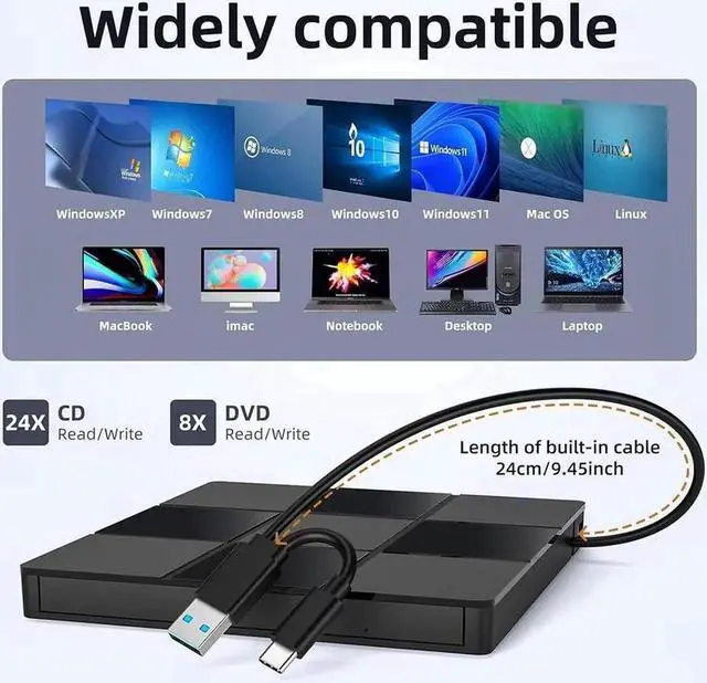 Alt view image 6 of 7 - WRIARICH 7 in 1 External CD DVD Drive, USB 3.0 Type-C CD DVD +/- RW Burner Plug and Play Optical Drive for Laptop PC Windows 11/10 Mac OS