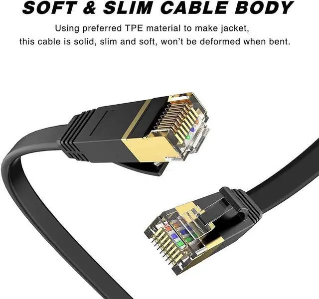 Alt view image 2 of 6 - WRIARICH 50ft Cat6 Flat Ethernet Cable, High Speed RJ45 Solid LAN Cable Black Slim Design, Indoor & Outdoor Use Computer Internet Cord Compatible with Cat5e Cat5 for PC Router Modem