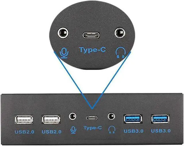 Alt view image 5 of 6 - WRIARICH 5.25 Inch PC Front Panel Multiport Hub, USB3.2 Gen2 10Gbps USB-C, 2×USB3.0, 2×USB2.0, 3.5mm HD Audio & Mic Jack, 7-Port Built-in Chassis Expansion Adapter with Motherboard Header Cable