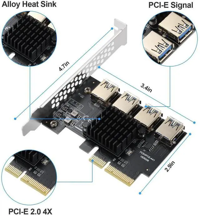 Alt view image 3 of 7 - WRIARICH PCIe 4x to 4 PCIe Slots Riser Multiplier Card, USB3.0 Expansion Adapter for Crypto Bitcoin Mining Rig