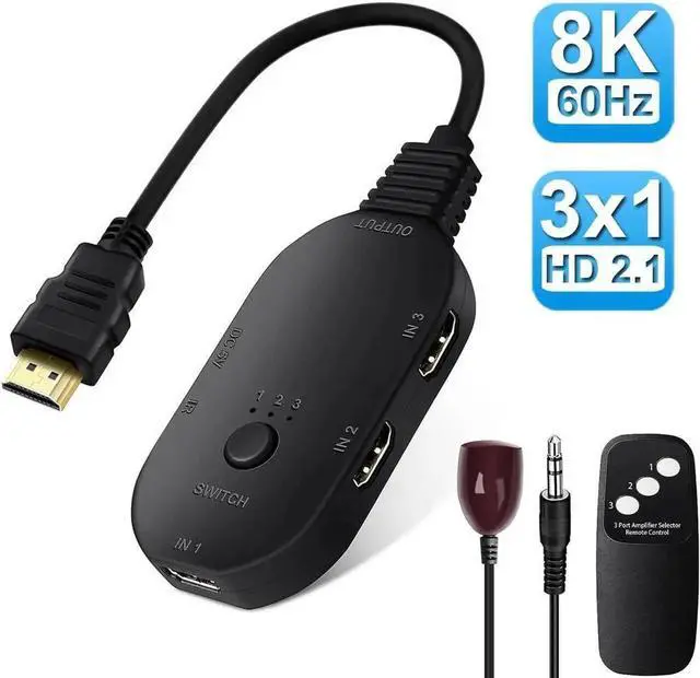 Main image of 8K@60Hz HDMI 2.1 Switch 3 in 1 Out with IR Remote, 3-Port 48Gbps HDMI Selector Switcher, Support HDCP 2.3, VRR, HDR, 3D, Compatible with Fire Stick, HDTV, PS4 PS5, Xbox, Game Consoles, PC, Projector