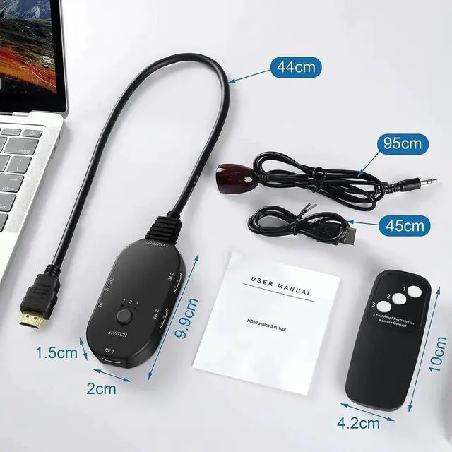 Alt view image 7 of 7 - 8K@60Hz HDMI 2.1 Switch 3 in 1 Out with IR Remote, 3-Port 48Gbps HDMI Selector Switcher, Support HDCP 2.3, VRR, HDR, 3D, Compatible with Fire Stick, HDTV, PS4 PS5, Xbox, Game Consoles, PC, Projector