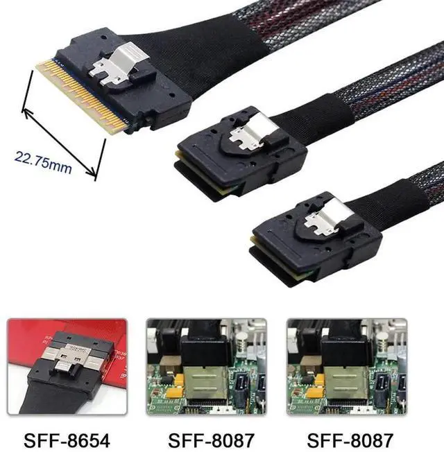 Alt view image 3 of 7 - WRIARICH 50cm PCIe 4.0 Ultraport Slimline SAS Fanout Cable, SFF-8654 8i 74Pin Host to Dual SFF-8087 36Pin Mini SAS Internal Server RAID Storage Breakout Cable