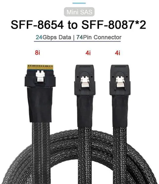 Alt view image 7 of 7 - WRIARICH 50cm PCIe 4.0 Ultraport Slimline SAS Fanout Cable, SFF-8654 8i 74Pin Host to Dual SFF-8087 36Pin Mini SAS Internal Server RAID Storage Breakout Cable