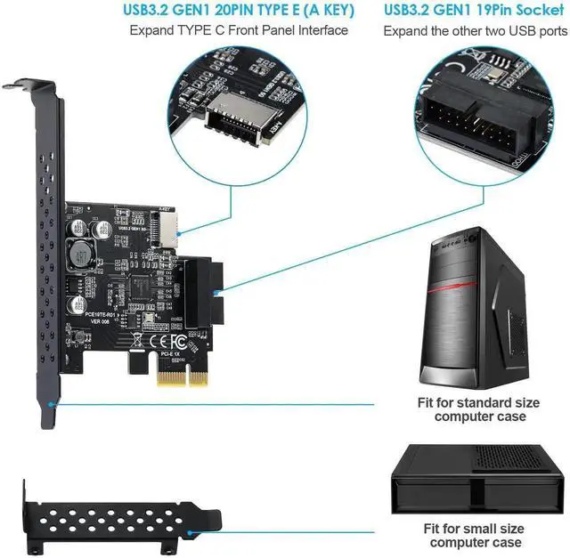 Alt view image 2 of 7 - WRIARICH PCIe 1X USB 3.2 Gen1 Expansion Card, 5Gbps, Type-E 20Pin + USB3.0 19Pin Internal Front Header