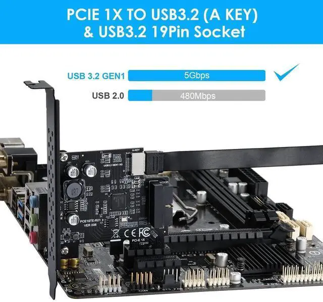 Alt view image 3 of 7 - WRIARICH PCIe 1X USB 3.2 Gen1 Expansion Card, 5Gbps, Type-E 20Pin + USB3.0 19Pin Internal Front Header
