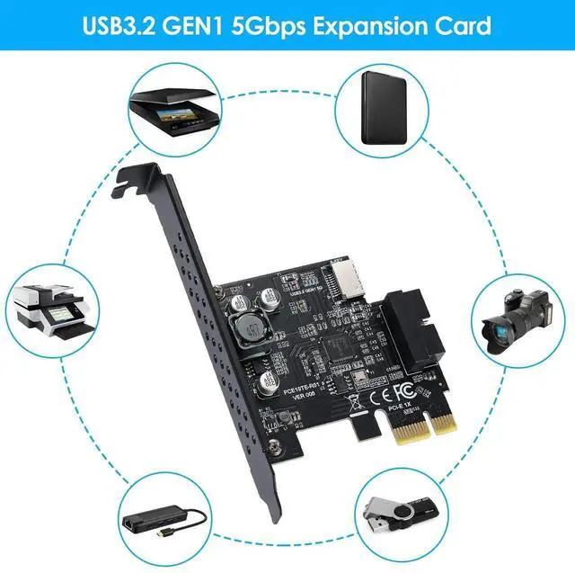 Alt view image 6 of 7 - WRIARICH PCIe 1X USB 3.2 Gen1 Expansion Card, 5Gbps, Type-E 20Pin + USB3.0 19Pin Internal Front Header