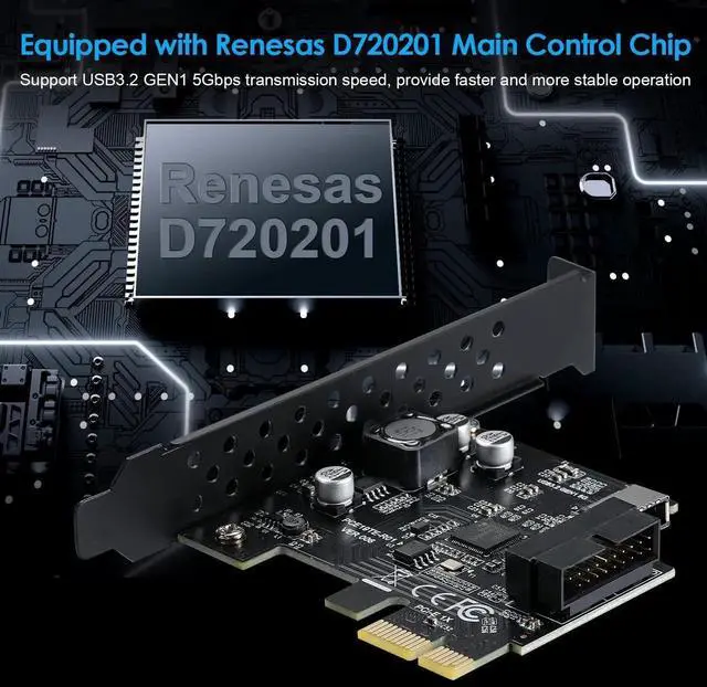 Alt view image 7 of 7 - WRIARICH PCIe 1X USB 3.2 Gen1 Expansion Card, 5Gbps, Type-E 20Pin + USB3.0 19Pin Internal Front Header
