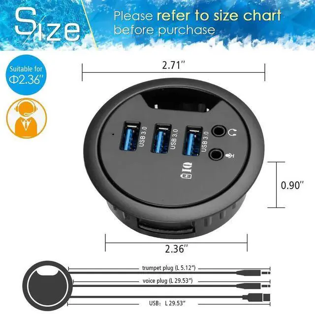 Alt view image 3 of 7 - WRIARICH Desk Grommet Hole USB 3.0 Hub, 3-Port USB3.0 Docking Station with BC1.2 Fast Charging & 3.5mm Audio/Mic Combo Jack, Universal Desktop Hole Mount Adapter for iPhone & Smartphones