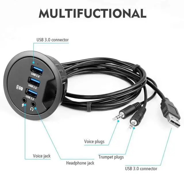 Alt view image 5 of 7 - WRIARICH Desk Grommet Hole USB 3.0 Hub, 3-Port USB3.0 Docking Station with BC1.2 Fast Charging & 3.5mm Audio/Mic Combo Jack, Universal Desktop Hole Mount Adapter for iPhone & Smartphones