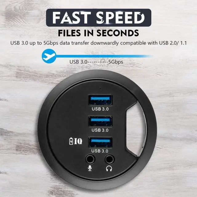Alt view image 6 of 7 - WRIARICH Desk Grommet Hole USB 3.0 Hub, 3-Port USB3.0 Docking Station with BC1.2 Fast Charging & 3.5mm Audio/Mic Combo Jack, Universal Desktop Hole Mount Adapter for iPhone & Smartphones