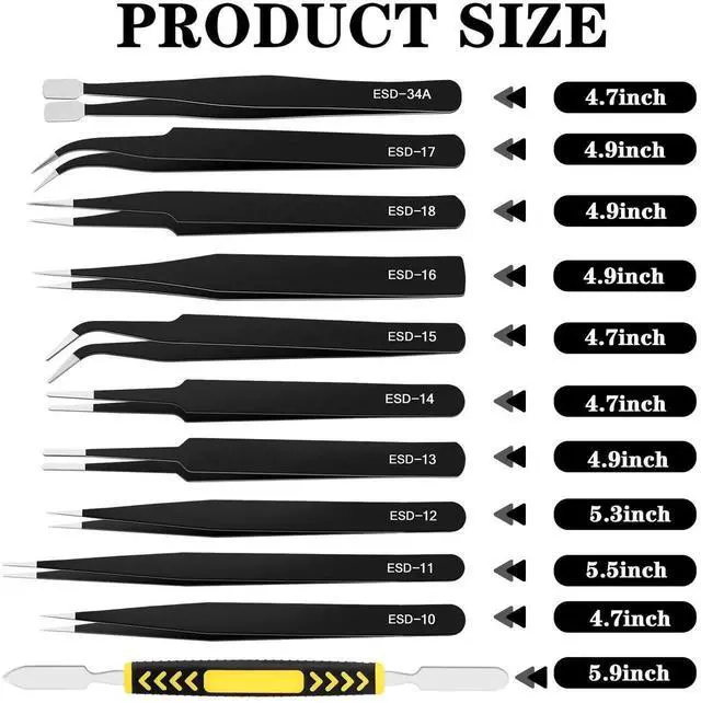 Alt view image 5 of 7 - WRIARICH 11PCS ESD Anti-Static Stainless Steel Precision Tweezers Kit with Storage Bag for Electronics, Lab, Jewelry & DIY Crafts