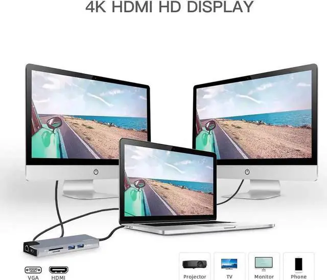 Alt view image 7 of 7 - 9-in-1 USB C Multiport Hub Adapter, USB C Dongle with 4K HDMI, 1080P VGA, Gigabit Ethernet, 60W PD Charging, 2 USB3.0, SD TF Card Reader, 3.5mm Audio Mic Jack, Compatible with MacBook Pro/Air, iPad Pr