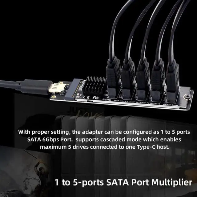 Alt view image 3 of 7 - WRIARICH 10Gbps USB-C to NGFF B+M Key 5-Port SATA Adapter, JMS580+JMB575 Port Multiplier