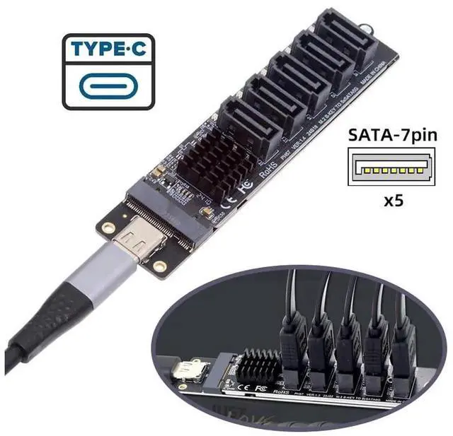 Alt view image 2 of 7 - WRIARICH 10Gbps USB-C to NGFF B+M Key 5-Port SATA Adapter, JMS580+JMB575 Port Multiplier