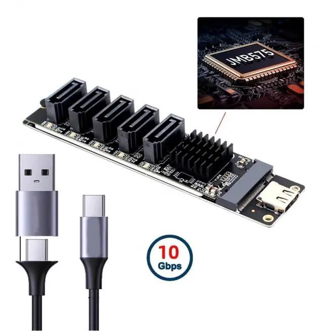 Alt view image 4 of 7 - WRIARICH 10Gbps USB-C to NGFF B+M Key 5-Port SATA Adapter, JMS580+JMB575 Port Multiplier