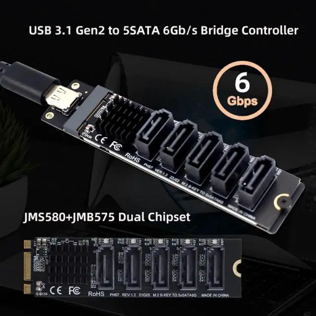 Alt view image 5 of 7 - WRIARICH 10Gbps USB-C to NGFF B+M Key 5-Port SATA Adapter, JMS580+JMB575 Port Multiplier