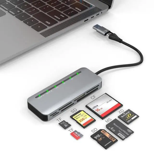 Main image of 7-in-2 Multi Camera Card Reader, USB 3.0 & USB-C Dual Interface Memory Stick Pro Duo Adapter, Supports SD/Micro SD/CF/XD/MS Pro Duo, 5Gbps High Speed, Read 5 Cards Simultaneously, Compatible with iPho