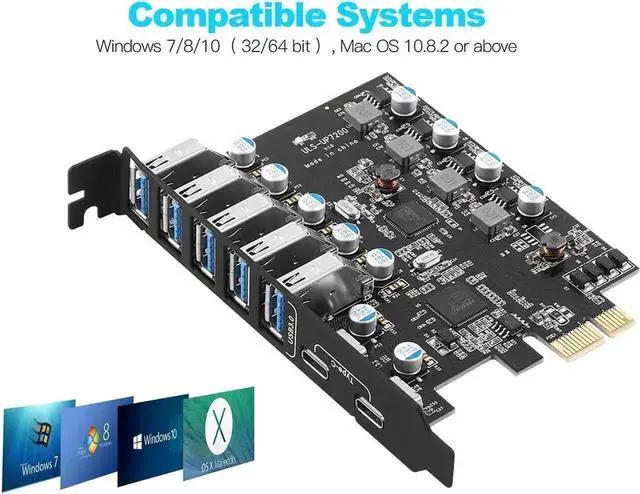 Alt view image 2 of 4 - WRIARICH 7-Port PCIe USB 3.0 Expansion Card, PCI Express X1 Adapter with 2 USB-C + 5 USB-A Ports 5Gbps, Full Height Bracket for Desktop PC Compatible Windows & Mac OS