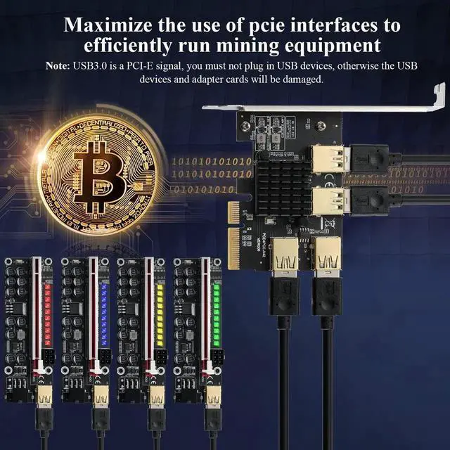 Alt view image 2 of 7 - WRIARICH PCI-E 4X to 4-Port USB 3.0 Multiplier Riser Card, 20Gbps Bandwidth GPU Converter Adapter for Bitcoin ETH Mining