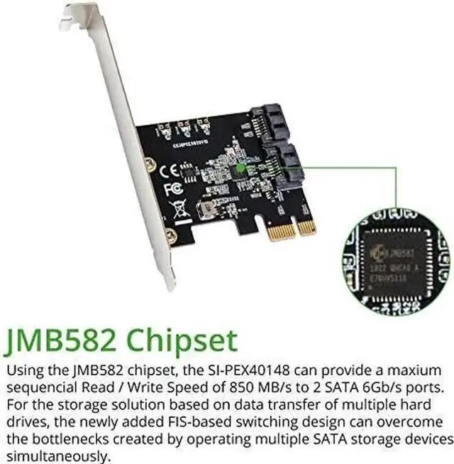 Alt view image 3 of 5 - WRIARICH 2 Port PCIe 3.0 X1 SATA 3.0 Non-RAID Controller Card, Jmicro Chipset Model SI-PEX40148 Storage Expansion Adapter