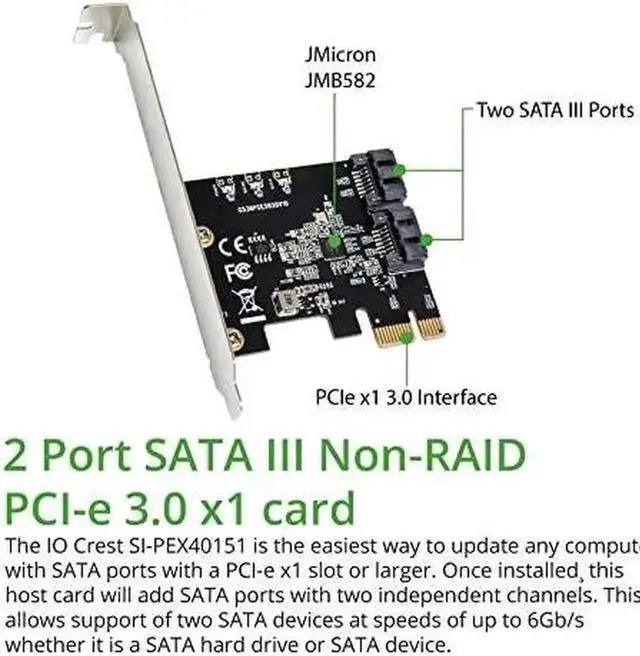 Alt view image 4 of 5 - WRIARICH 2 Port PCIe 3.0 X1 SATA 3.0 Non-RAID Controller Card, Jmicro Chipset Model SI-PEX40148 Storage Expansion Adapter