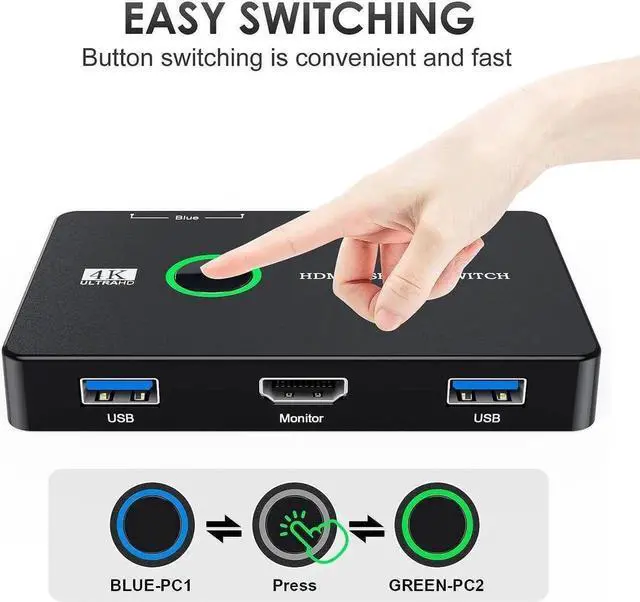 Alt view image 6 of 6 - WRIARICH 2-Port HDMI USB3.0 KVM Switch, 4K@60Hz, 2 PCs Share 1 Monitor Keyboard Mouse Printer, Comes with 2 HDMI Cables & 2 USB Cables