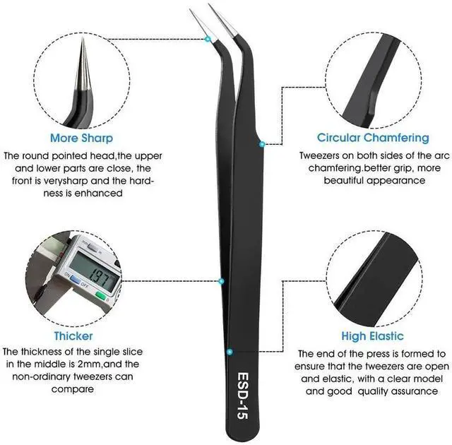 Alt view image 5 of 7 - WRIARICH 10 Pack ESD Anti-Static Stainless Steel Precision Tweezers Set with Storage Bag, for Soldering, Electronics Repair, Jewelry Craft & Lab Use