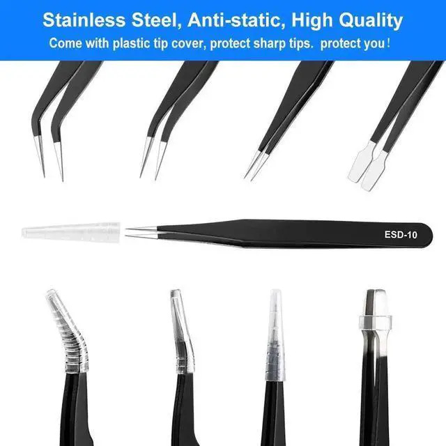 Alt view image 3 of 7 - WRIARICH 10 Pack ESD Anti-Static Stainless Steel Precision Tweezers Set with Storage Bag, for Soldering, Electronics Repair, Jewelry Craft & Lab Use
