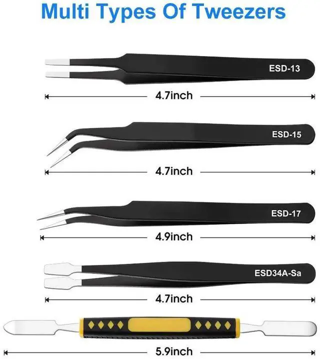 Alt view image 7 of 7 - WRIARICH 10 Pack ESD Anti-Static Stainless Steel Precision Tweezers Set with Storage Bag, for Soldering, Electronics Repair, Jewelry Craft & Lab Use