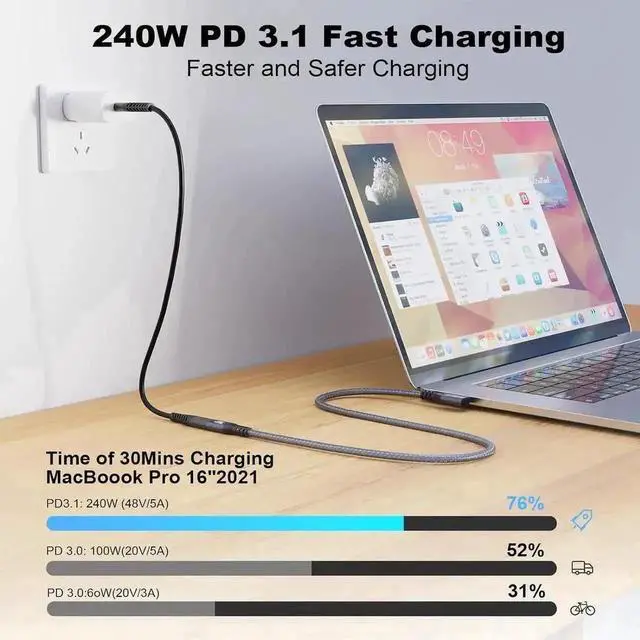 Alt view image 5 of 7 - WRIARICH 6.6ft USB4 & Thunderbolt 4 Cable, USB-C to USB-C, 40Gbps, 240W PD3.1 Charging, 8K@60Hz 4K@120Hz HDR for Laptops, SSDs & Monitors